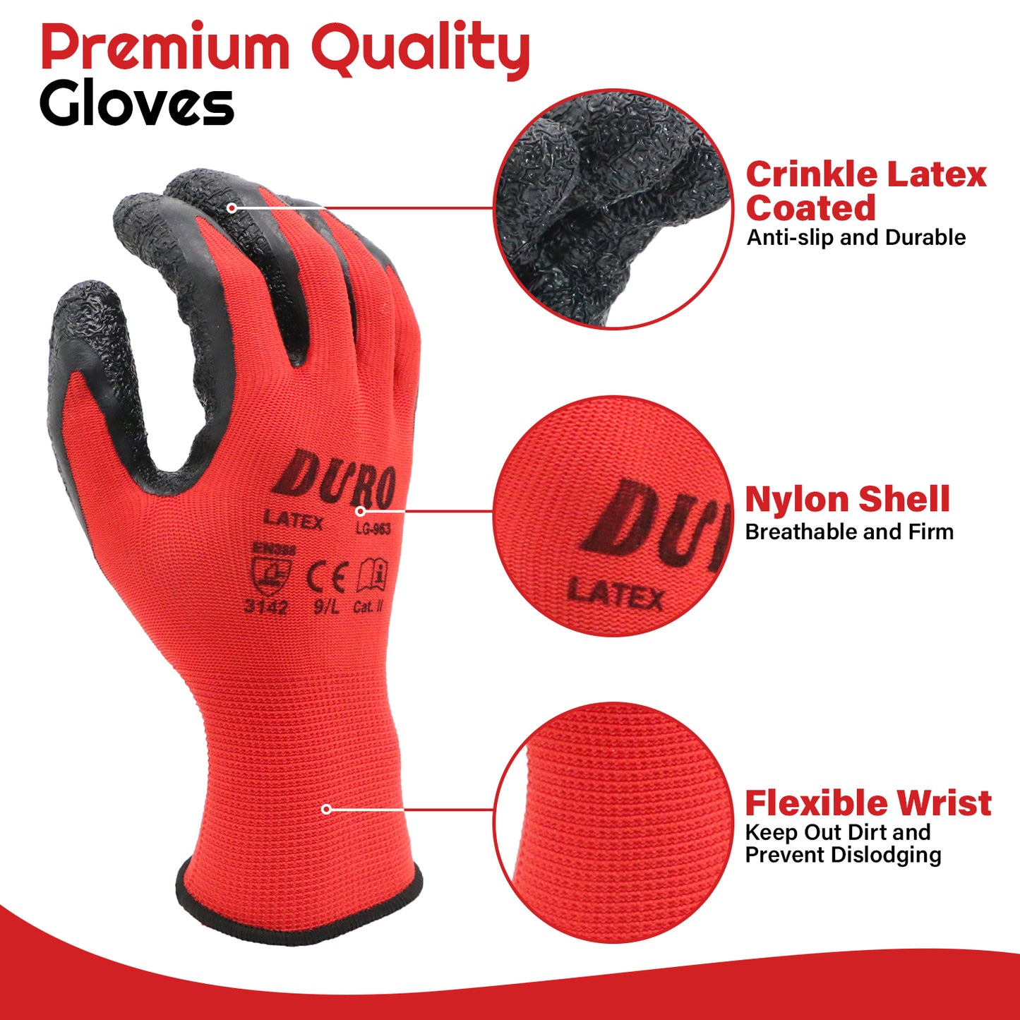 Duro Crinkle Latex Rubber Hand Coated Safety Work Gloves for Men Women General Multi Use Construction Warehouse Gardening Assembly Landscaping